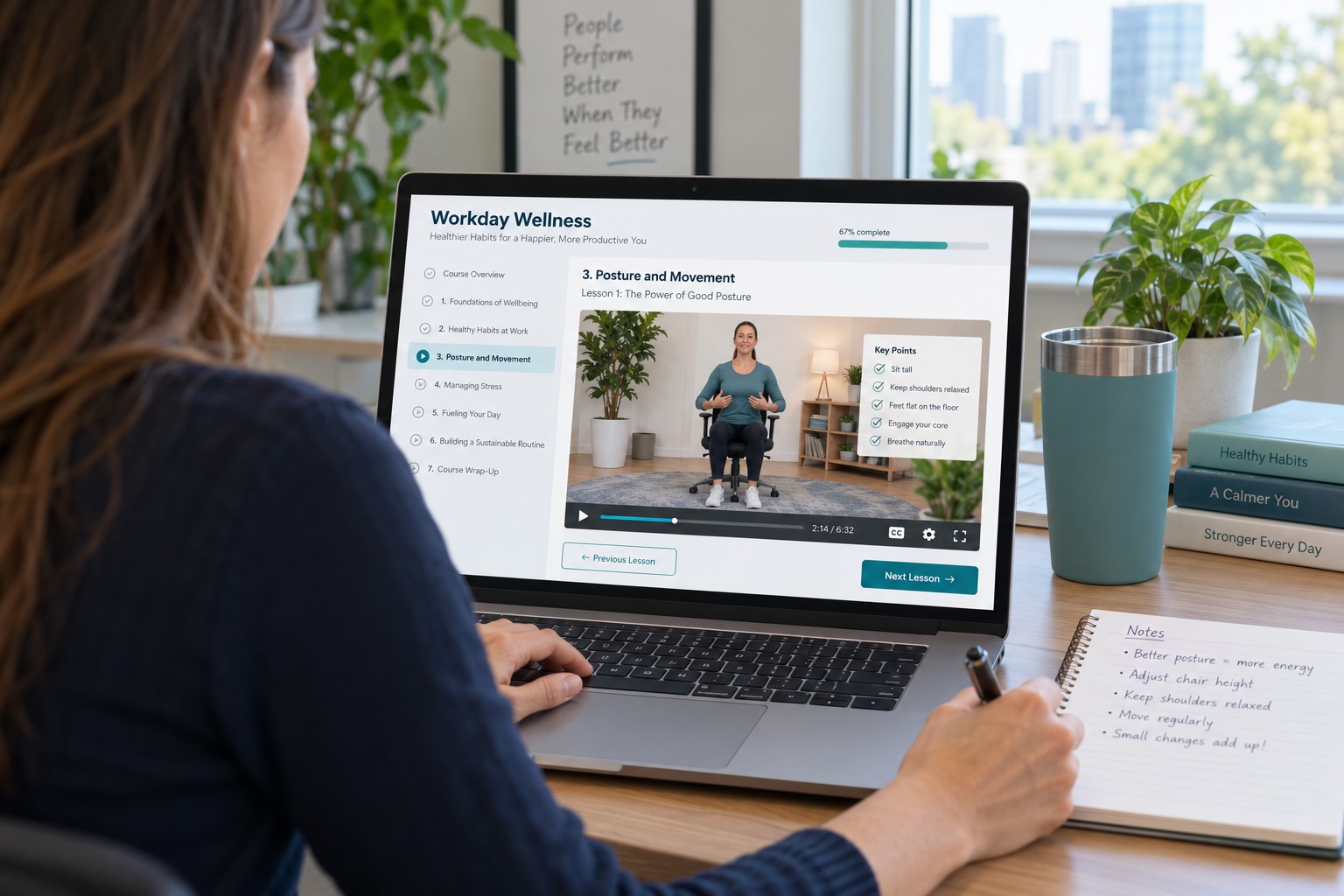 An employee learning through an online wellness course