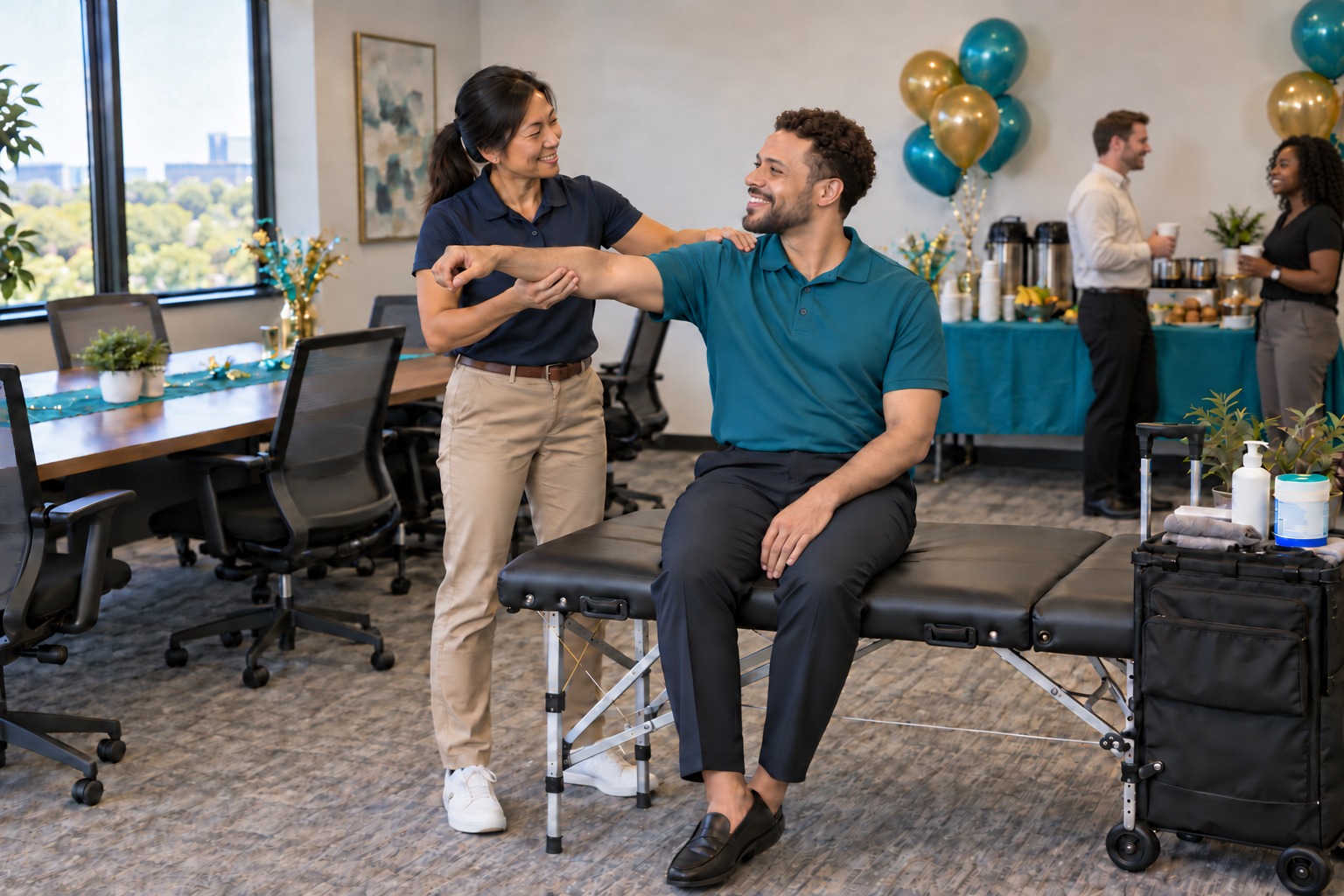A physical therapist guiding an employee through a movement assessment at a workplace wellness pop-up