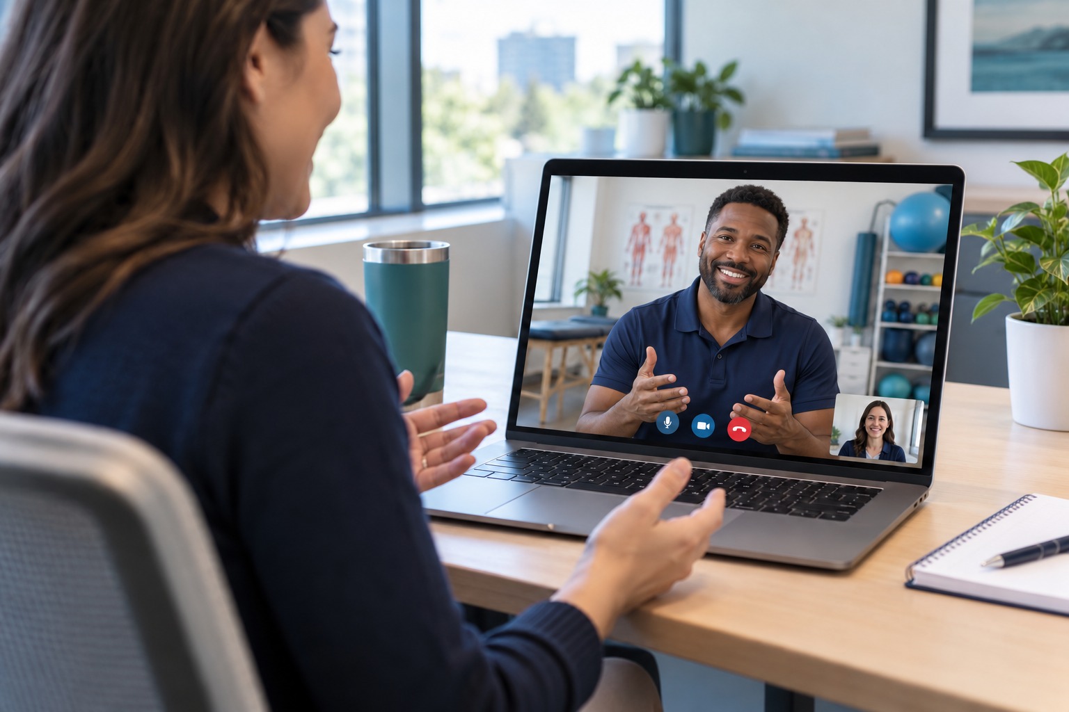 An employee receiving virtual one-on-one guidance from a physical therapist