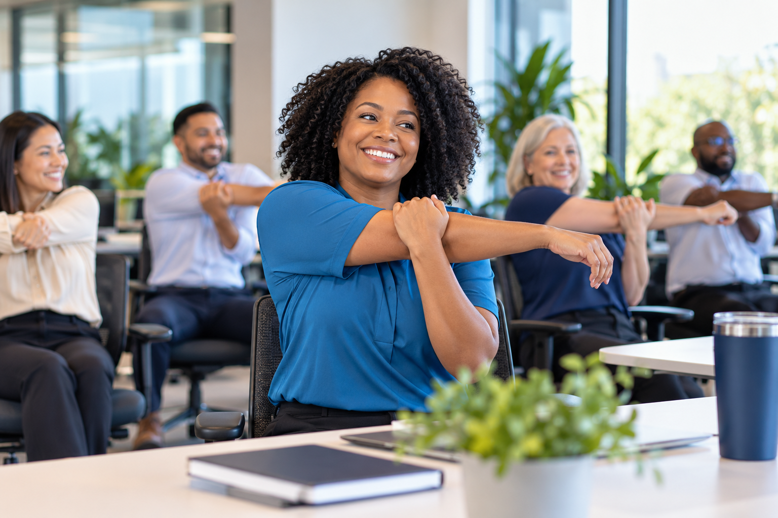 Diverse office professionals taking a seated shoulder stretch break together